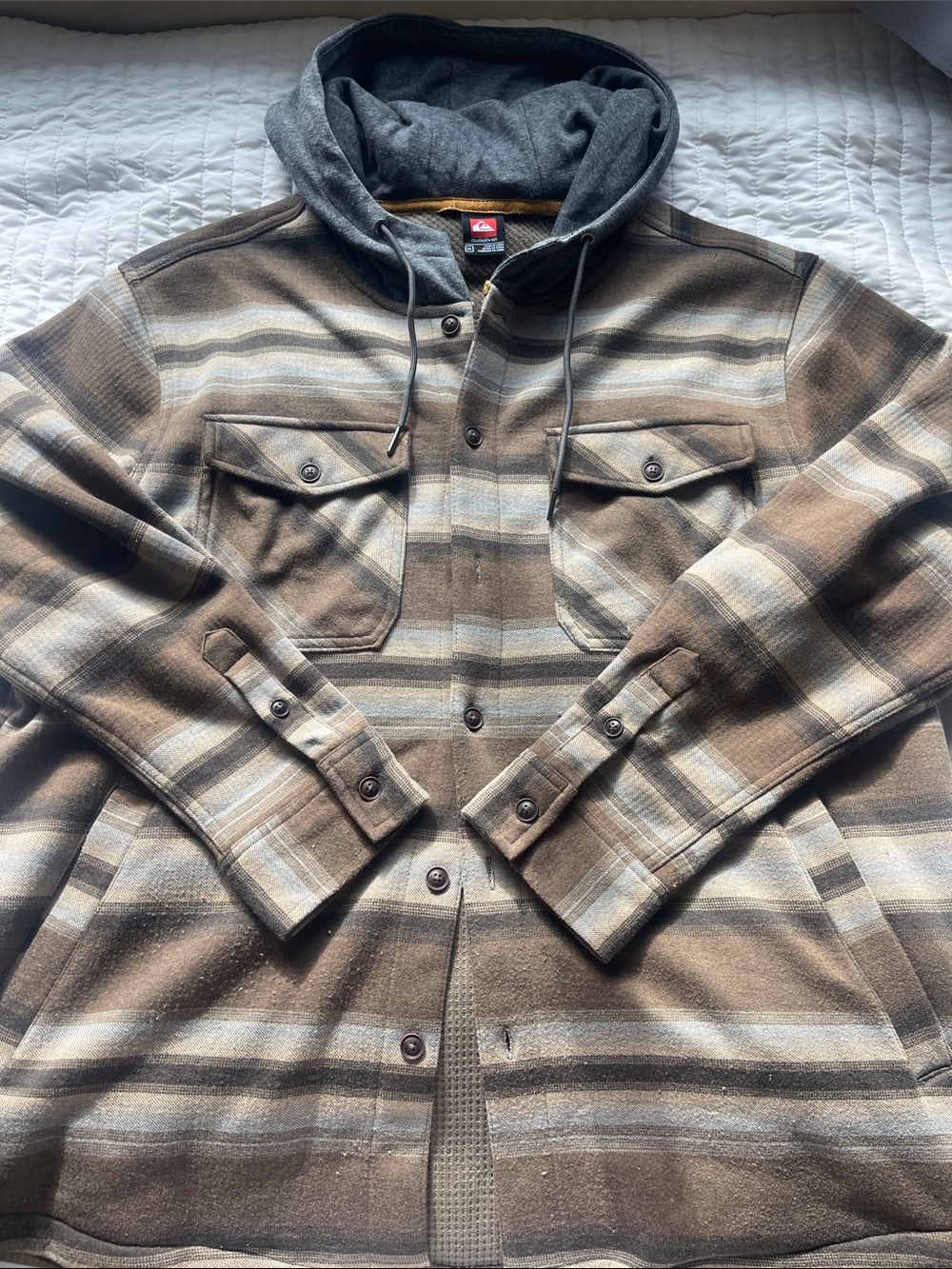 Quiksilver Men’s Brown and Gray Striped Hooded Shirt Jacket